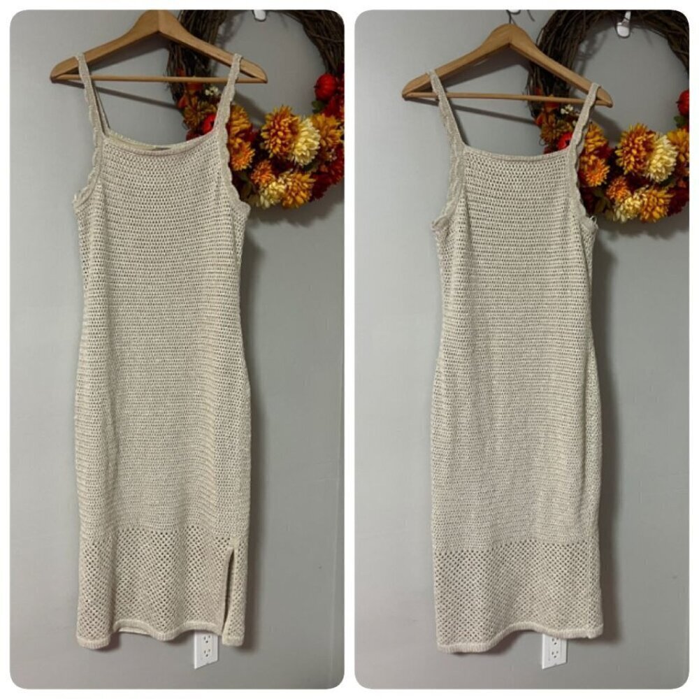 Joie Crochet Bodycon Scalloped Wilderkind Quiet Luxury Dress LARGE Ecru Gold - Picture 2 of 10